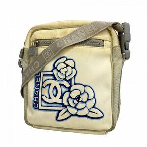 Chanel Shoulder Bag Sports Camellia Nylon White Gray Blue Silver